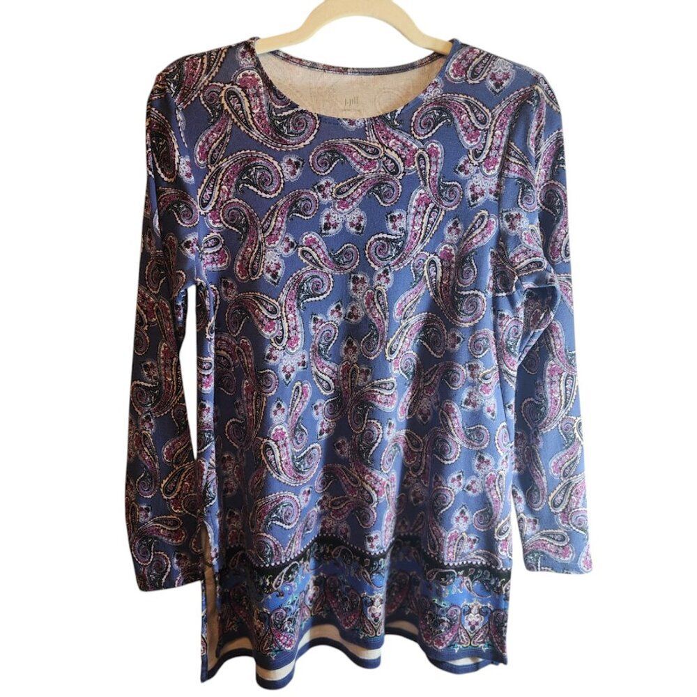 J.JILL PERFECT PIMA PURPLE PAISLEY TUNIC HI LOW SIZE MEDIUM PETITE CREW NECK